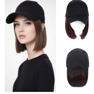 Black Baseball Cap with Brown Wig